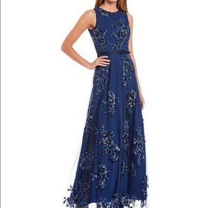 Eliza J navy and black gown with embroidered and sequined flowers. Size 12